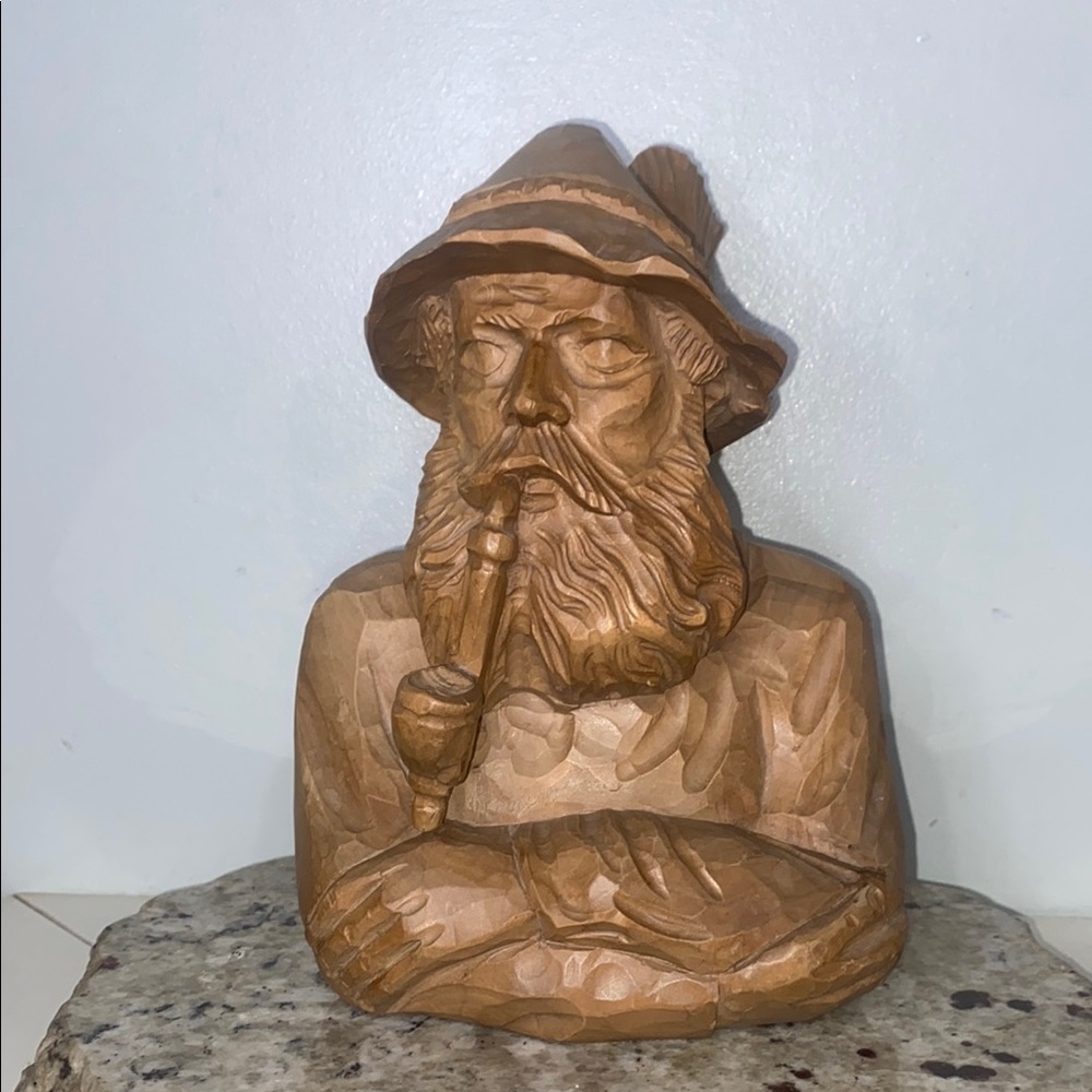 Wooden Hand Carved Bust Sculpture “Old Hunter with a Pipe” 11 inch Tall